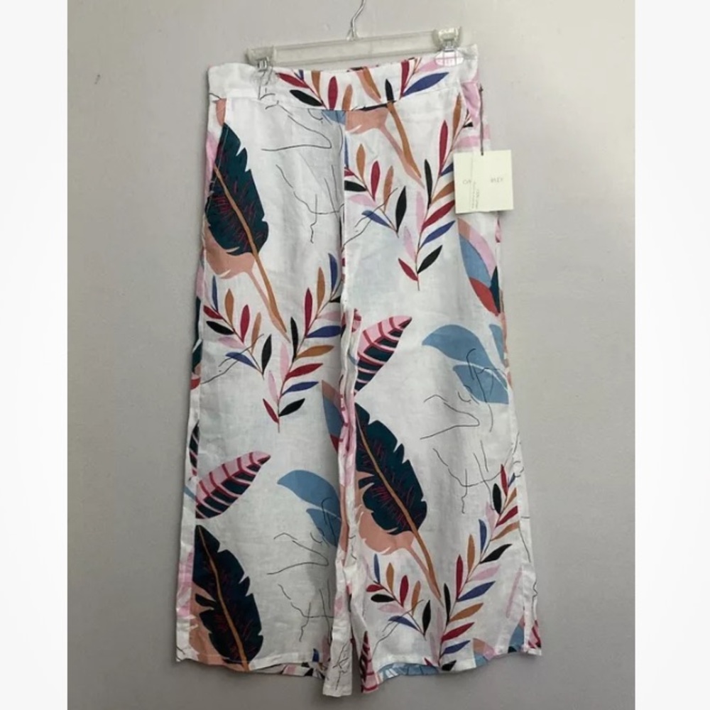6-18 Cynthia Rowley 100% Linen Cropped Pants Wide Leg Tropical Print Medium NWT